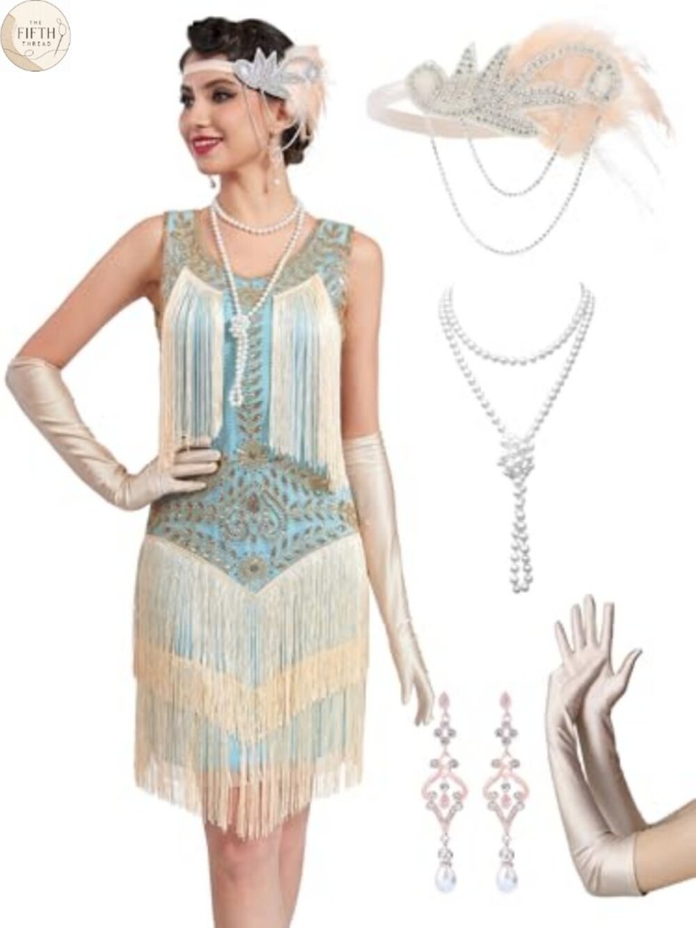 1920s Flapper Dress Set Mesh Sequin Fringe Great Gatsby Roaring 20s Costume